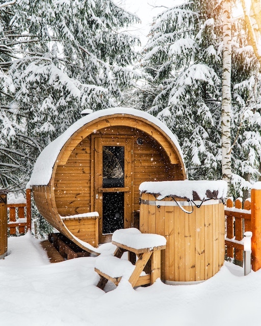 Traditional sauna outside in the snow